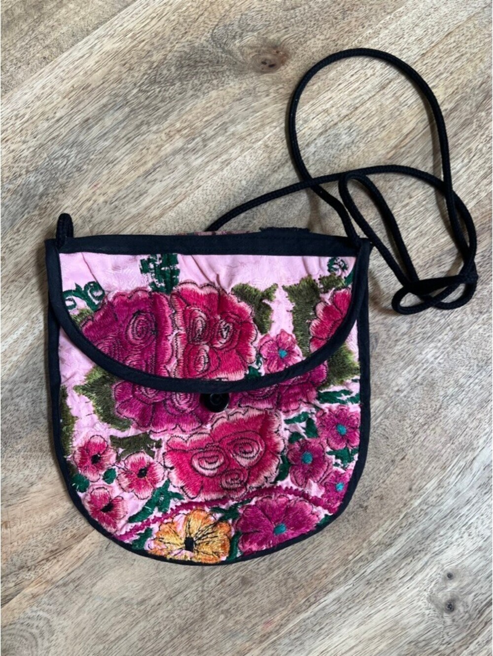Handmade Huipil Wallet Crossbody Bag Pink Floral Embroidery Hippie Boho Festival